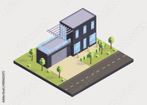 Isometric cottage icon. Suburb house composition with lawn vector illustration. Infographic element representing suburban building. Private house enterprises of real estate