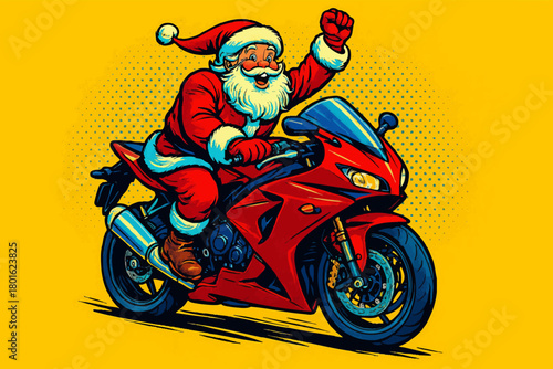 Santa Claus excitedly riding a red sport bike, celebrating Christmas with speed and energy. Generative ai vector colorful pop art illustration.
