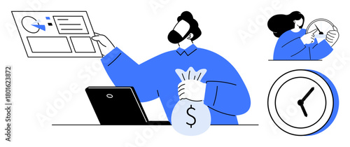 Man holding a money bag at a desk viewing financial analytics, woman with clock adjusting time. Ideal for business planning, finance management, budget tracking, time optimization, productivity