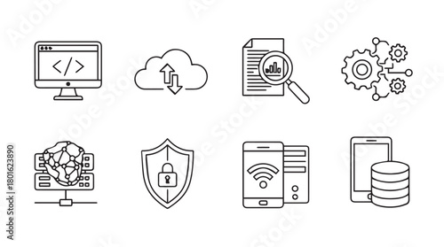 Fotografija Collection of eight distinct technology icons in a clean outline silhouette styl