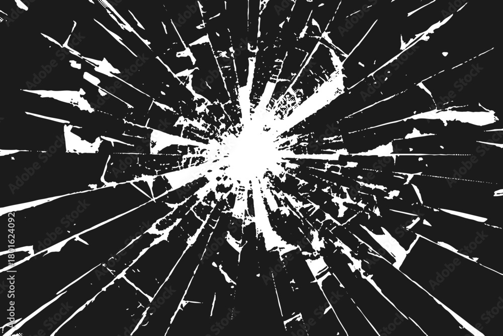 Obraz premium Cracked glass shatter vector pattern background with bullet hole burst. Abstract geometric explosion of broken fragments. Vector for posters, phone screen effects, or digital crash design elements.