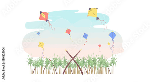 Colorful kites float in the sky above a sugarcane field, celebrating makar sankranti festival.
