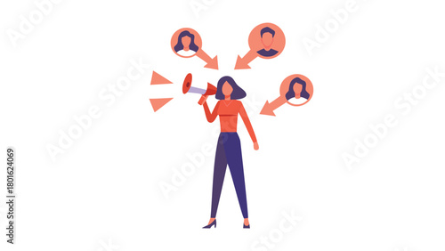 Professional woman in business attire confidently giving directions with a clean modern design suitable for various informational and corporate applications