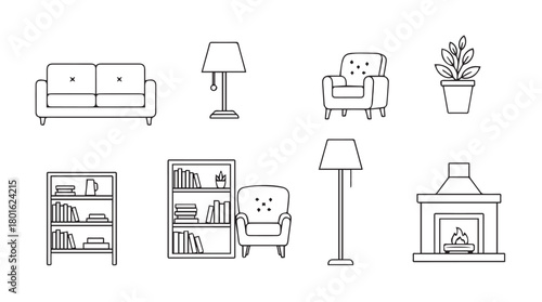 Collection of hand drawn furniture and home decor elements in a simple line art silhouette style