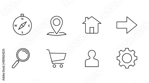Collection of eight simple hand drawn outline icons representing navigation search shopping user settings and location in silhouette