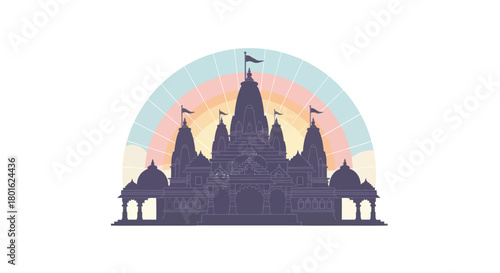 Detailed vector of a hindu temple silhouette with flags against a rainbow background.