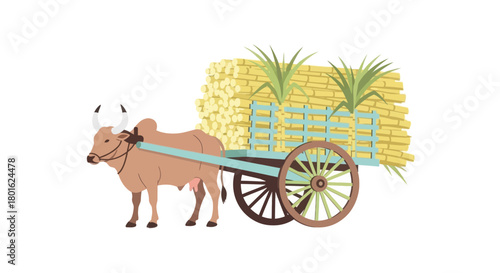 Ox pulling a cart loaded with sugarcane stalks, representing rural agriculture and harvest.