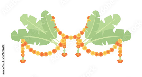 Traditional indian decoration of banana leaves and flower garlands for festive events.