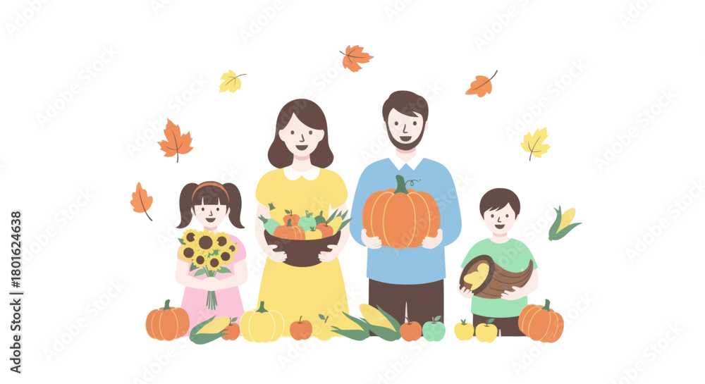 Fototapeta premium Happy family with harvest of fruits and vegetables. Thanksgiving day concept design.