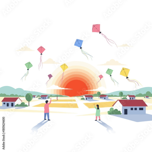 Man and woman flying kites in a rural landscape with houses and fields at sunset.