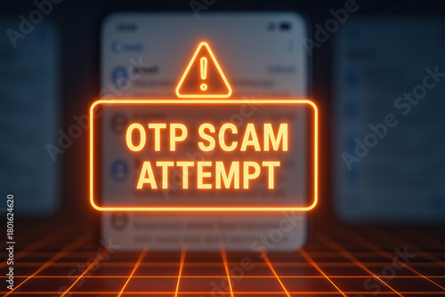 OTP scam attempt alert glowing sign over blurred smartphone message screen conveying cybersecurity warning and urgent caution