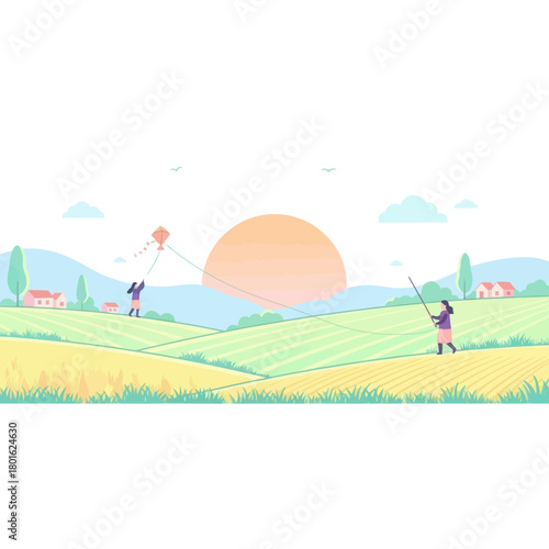 Two women in a rural landscape flying a kite together against a backdrop of hills.