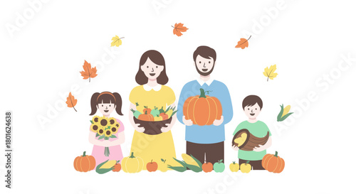 Happy family with harvest of fruits and vegetables. Thanksgiving day concept design.