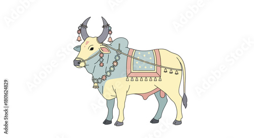 Indian decorated bull with bells and garlands for the festival of pongal. Vector art.