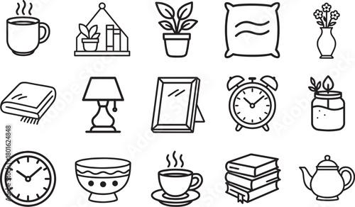 Cozy Home Decor Elements: A collection of charming line art illustrations that depict the simple joys of a comfortable living space.
