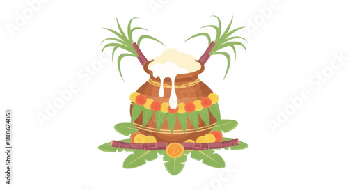 Traditional pot with rice and sugar cane for pongal festival celebration design.