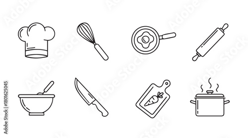 Collection of hand drawn cooking utensils and chef hat in a simple line art silhouette style