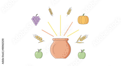 Harvest bounty illustration of grapes, wheat, apples, and pumpkin coming from a pot.