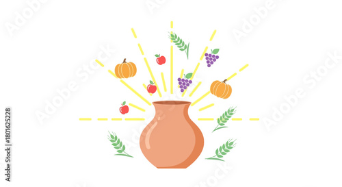 Harvest bounty illustration featuring a pot with pumpkins, apples, grapes, and wheat.