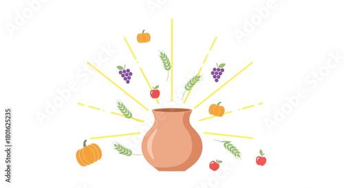 Harvest bounty vector illustration with pumpkins, grapes, apples, and wheat ears.