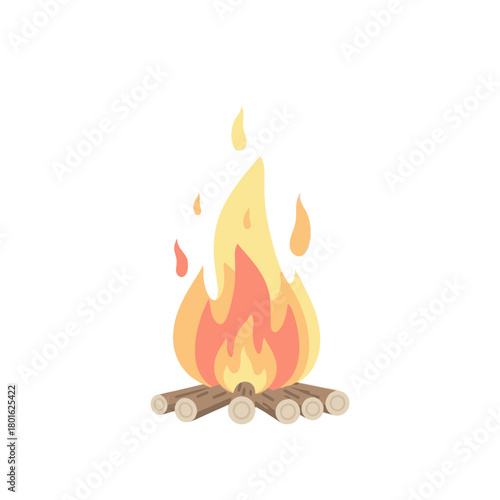 Burning campfire with bright flames on a pile of logs, vector illustration on white.