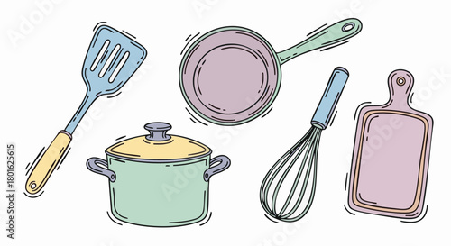 Illustration of various kitchen tools including a spatula, pan, pot, whisk, and cutting board.