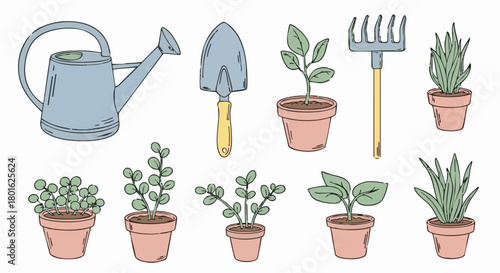 Collection of gardening tools and potted plants, illustrating horticulture and cultivation.
