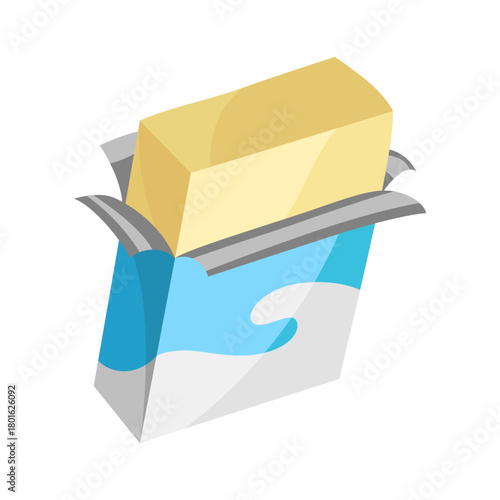 Butter block, wrapped bar piece. Milk dairy creamy product packed in package, paper wrapping. Whole ingredient. Natural solid spread icon. Flat vector illustration isolated on white background