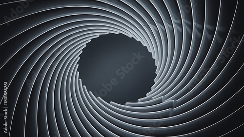 Fototapeta Naklejka Na Ścianę i Meble -  Abstract metallic spiral tunnel with dark grey background vortex