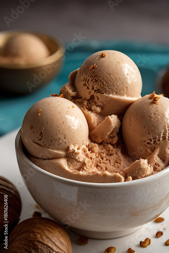 Grenadian nutmeg ice cream scoops, creamy texture, sprinkled nutmeg on top. Traditional authentic food of Grenada. Caribbean cuisine.