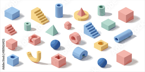 A vibrant collection of abstract isometric 3D geometric shapes in pastel colors. Includes cubes, stairs, spheres, cylinders, pyramids, torus forms, and creative architectural elements. Perfect for dig
