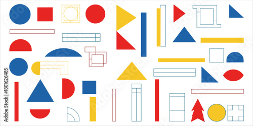 A collection of colorful geometric shapes inspired by Bauhaus and minimal design. Triangles, circles, squares, and rectangles in primary red, blue, and yellow are arranged in a modern abstract layout.
