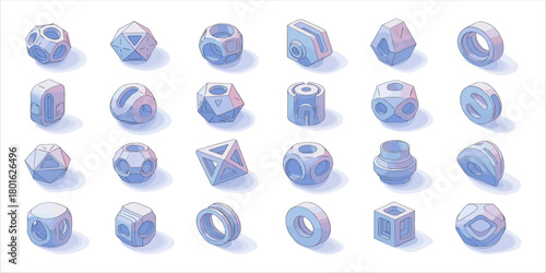 A collection of abstract 3D geometric shapes in isometric style, featuring smooth pastel tones of blue and violet. These futuristic objects resemble polyhedrons, toroids, and conceptual sci-fi element