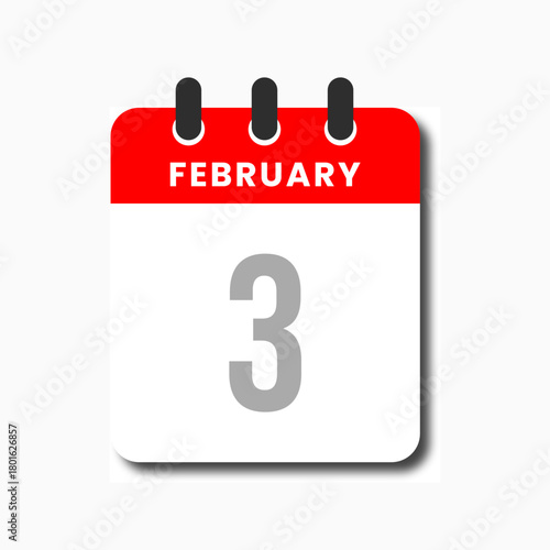 Red February 3 calendar icon in flat modern vector style, suitable for planner and time management design.