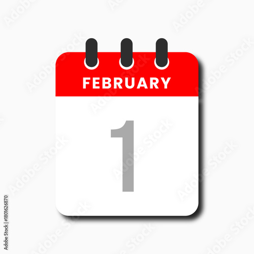 Flat red February 1 calendar icon in clean modern vector style, ideal for planner, reminder, and date apps.