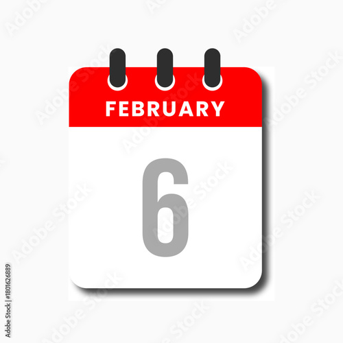 Flat vector icon of February 6 calendar with red top design, ideal for modern planner and app UI.