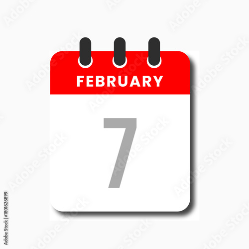 Red February 7 calendar icon in flat minimalist design, perfect for business planner and digital app.