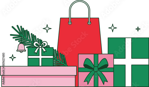 Christmas gifts and shopping bag for holiday season celebration editable vector
