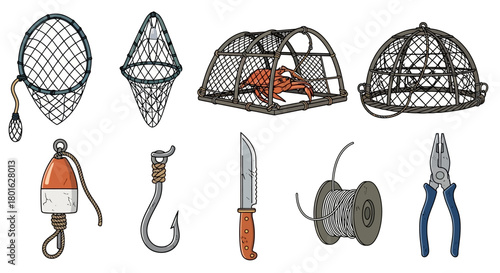 Illustration of fishing equipment, including nets, traps, a hook, and pliers.