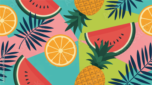Vibrant summer fruit pattern with watermelon, pineapple, and orange slices