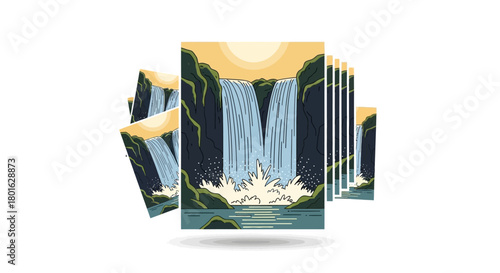 Multiple illustrations of a waterfall cascading down rocks into a pool of water, with a sun shining above.