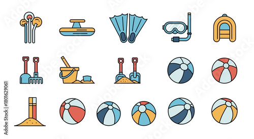 Beach icons: sand castle, snorkel, ball, bucket, shovel, raft.