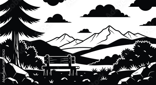 Serene mountain vista with bench invites peaceful contemplation and outdoor adventure