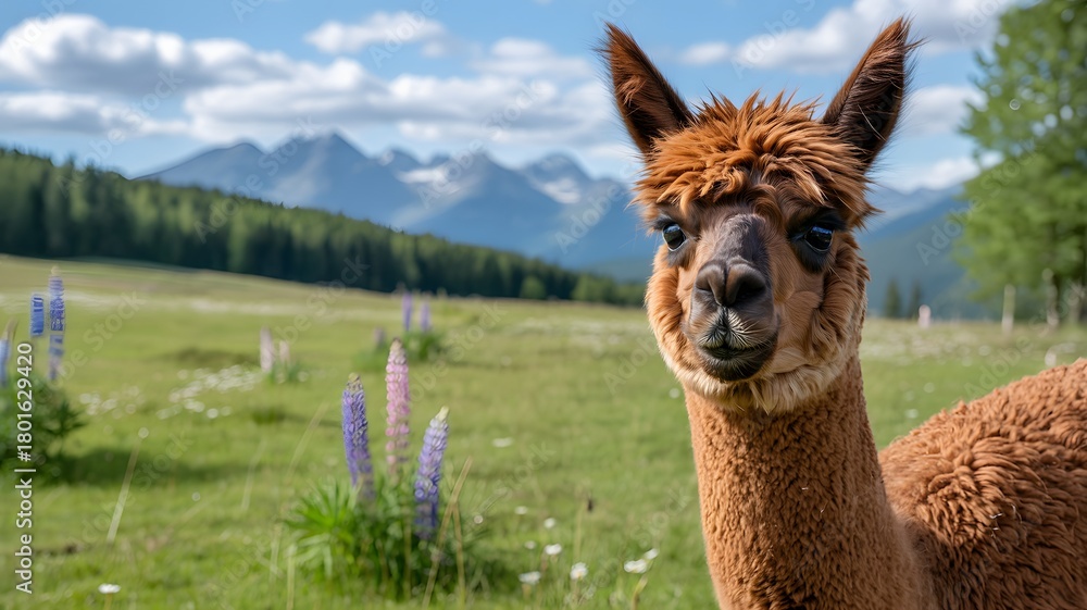 Obraz premium Close up portrait of a curious brown alpaca standing in a vibrant green mountain pasture with purple lupine flowers and majestic peaks in the background