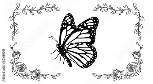 Elegant monarch butterfly with delicate floral border design