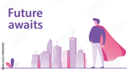 Inspiring young hero looks up at a futuristic city skyline symbolizing hope ambition and the dawn of a new era for urban development and innovation