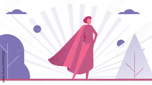 Elegant woman in a flowing golden cape against a vibrant abstract background symbolizing power and creativity in a modern design