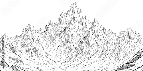 Monochrome line art drawing of a steep and jagged mountain range isolated on transparent background