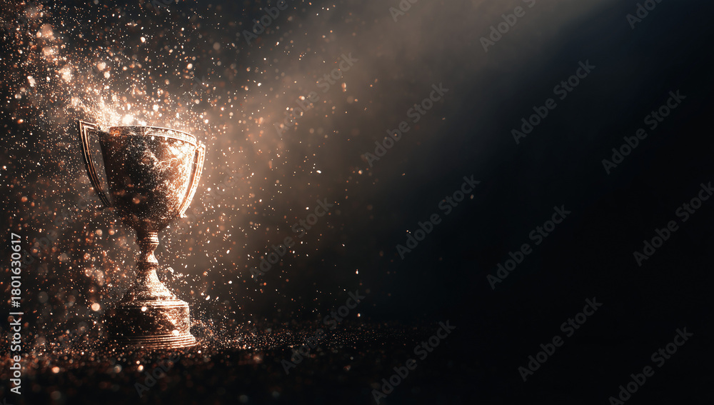 Obraz premium A golden trophy glows dramatically in a dark space as shimmering particles burst around it, creating a cinematic celebration effect.