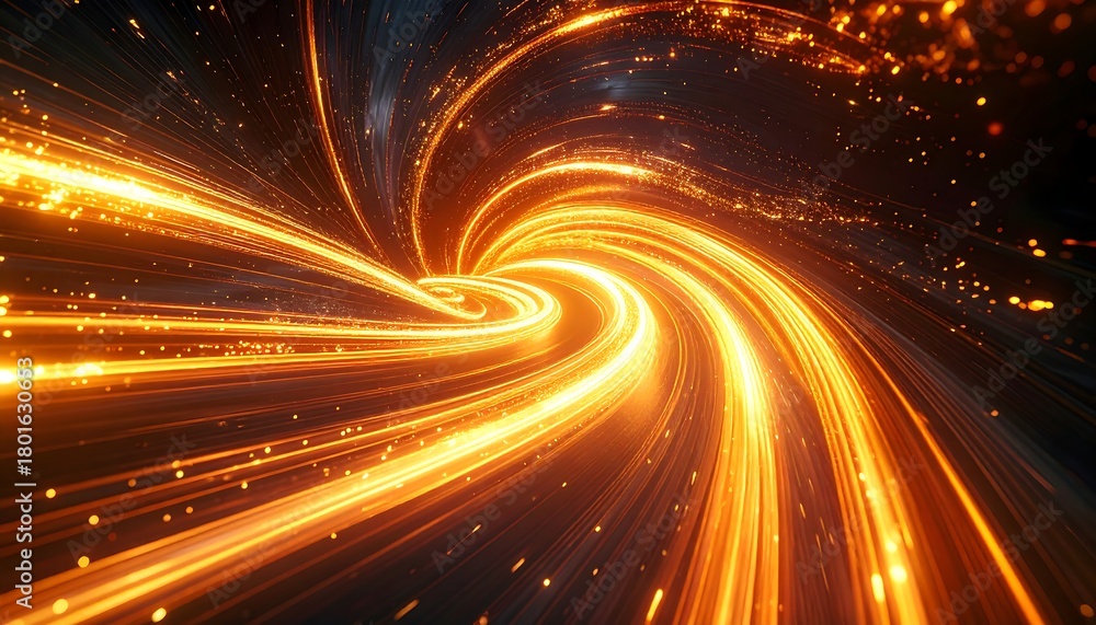 Fototapeta premium Abstract, golden, swirling lines and particles create a dynamic and futuristic flow against a dark background